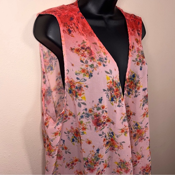 0X Red Orange Floral Sleeveless Semi Sheer Best Ombre Plus 14W Open Front Light - Picture 7 of 15